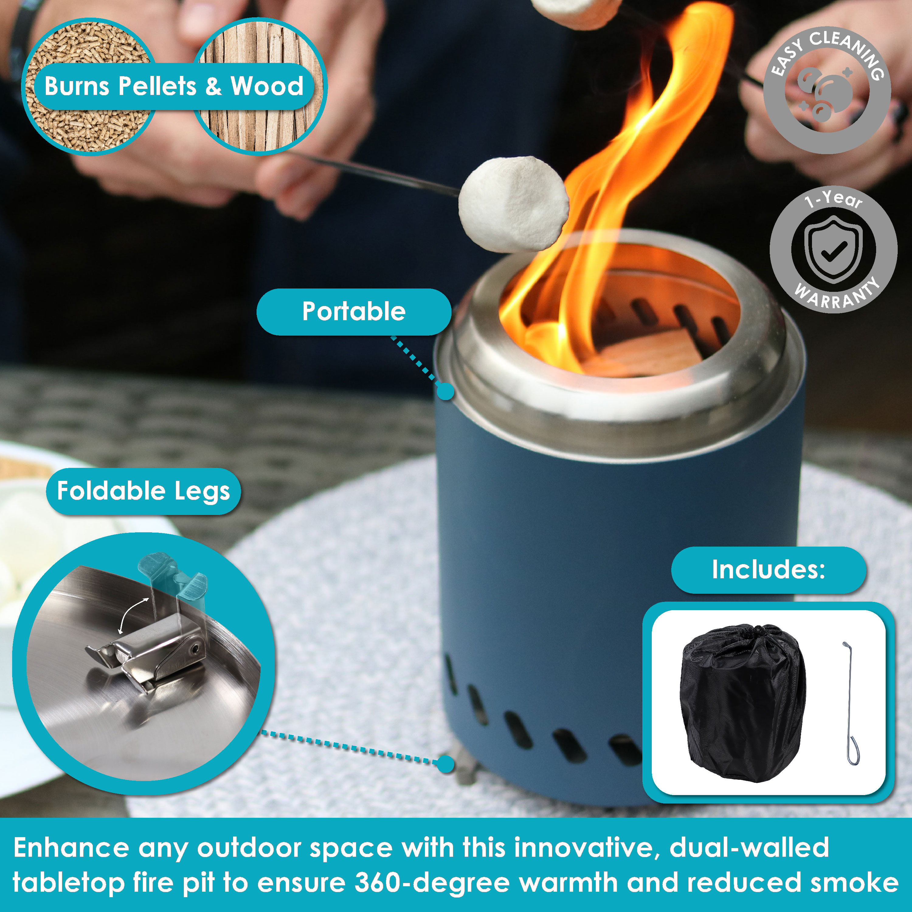 Pozzo del fuoco senza fumo da tavolo con borsa e poker - 5,5 pollici - blu di Sunnydaze - Foto 3 di 6